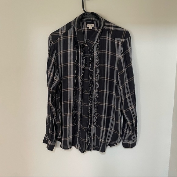 Anthropologie Pilcro Tuxedo Buttondown Shirt In Black Motif Ruffle Plaid medium - Picture 3 of 6